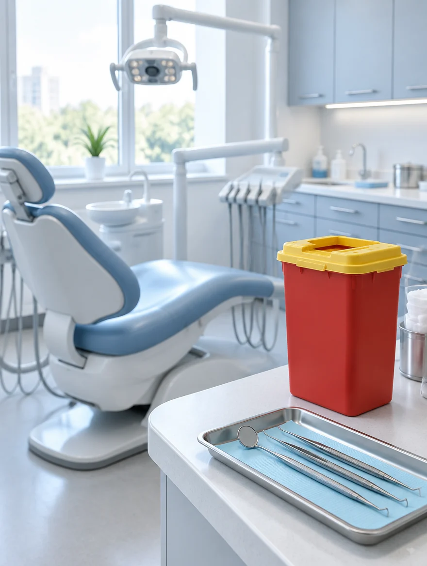 A red rigid sharps container with a yellow lid on the counter of a dental operatory, beside a tray of instruments, with the chair behind it.