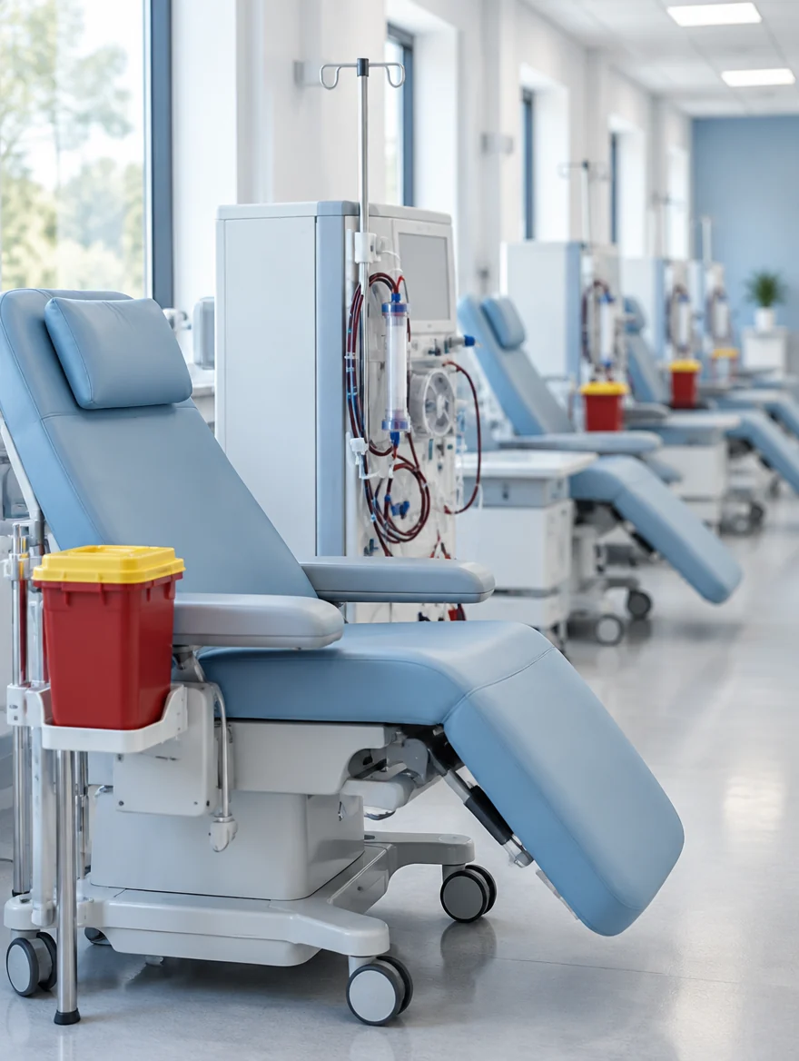 A red rigid sharps container mounted at the side of a dialysis treatment chair, with a row of further stations behind it.