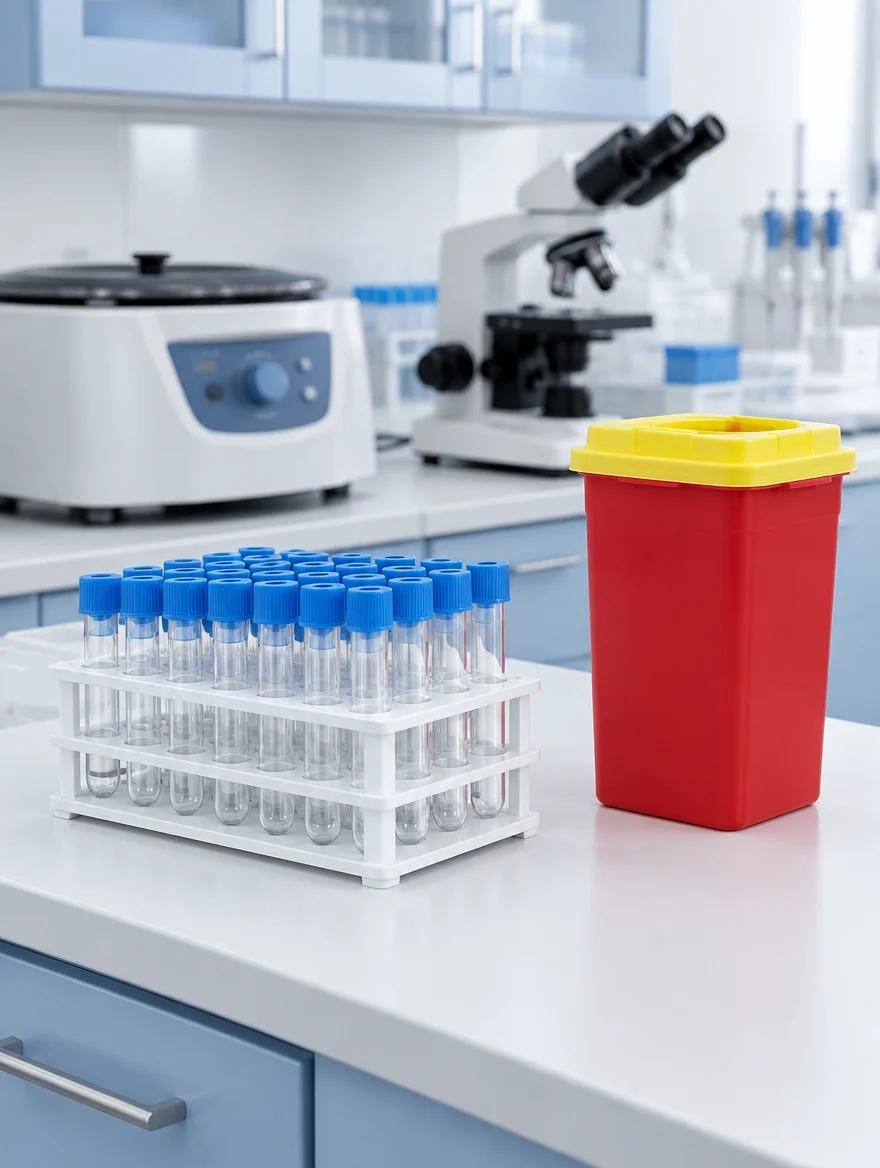A red rigid sharps container with a yellow lid on a laboratory bench beside a rack of empty specimen tubes.