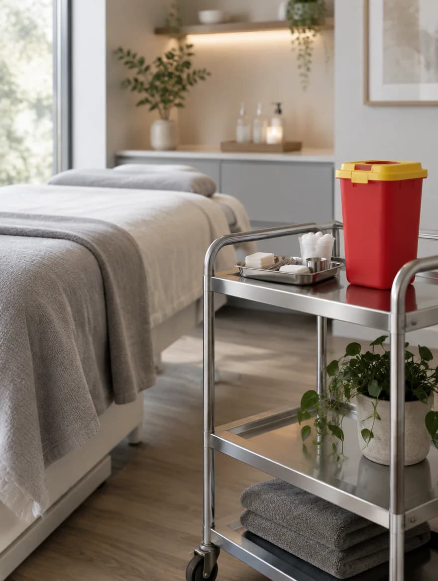 A red rigid sharps container on a stainless trolley beside a treatment bed in a medspa room.