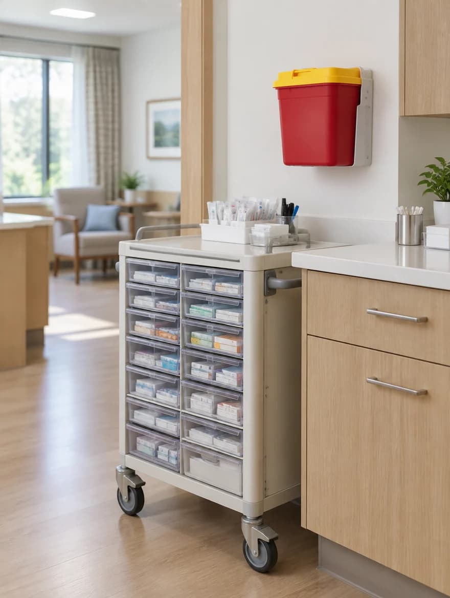 A wall-mounted red sharps container above a nursing home medication cart in a residential care corridor.