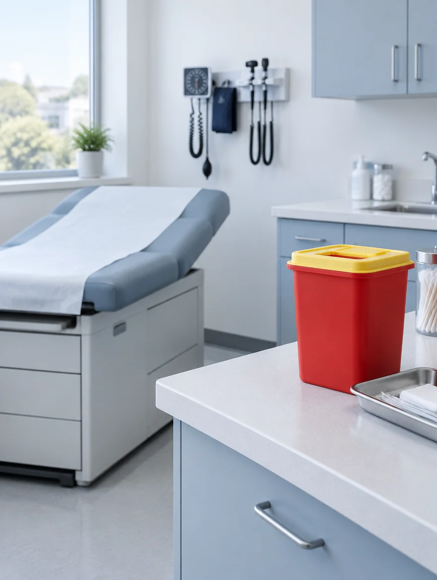 A red rigid sharps container with a yellow lid on the counter of a physician's exam room, with the exam table behind it.