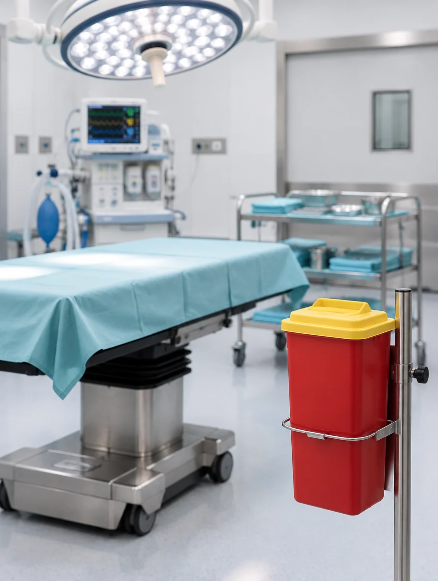 A red rigid sharps container mounted on a stand beside an operating table in an ambulatory surgical suite.