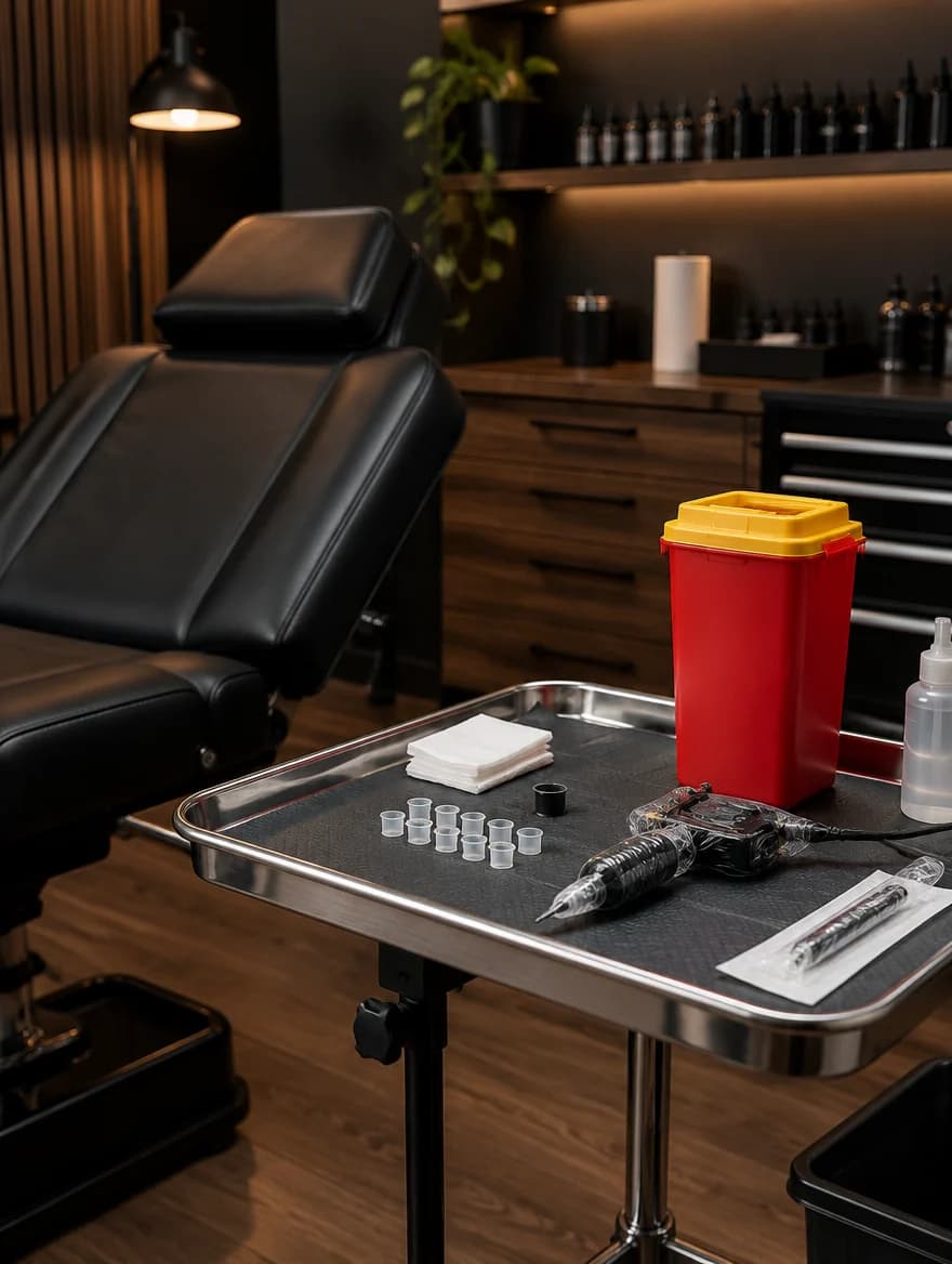 A red rigid sharps container on a stainless steel tray beside a tattoo machine and ink caps in a studio workstation.