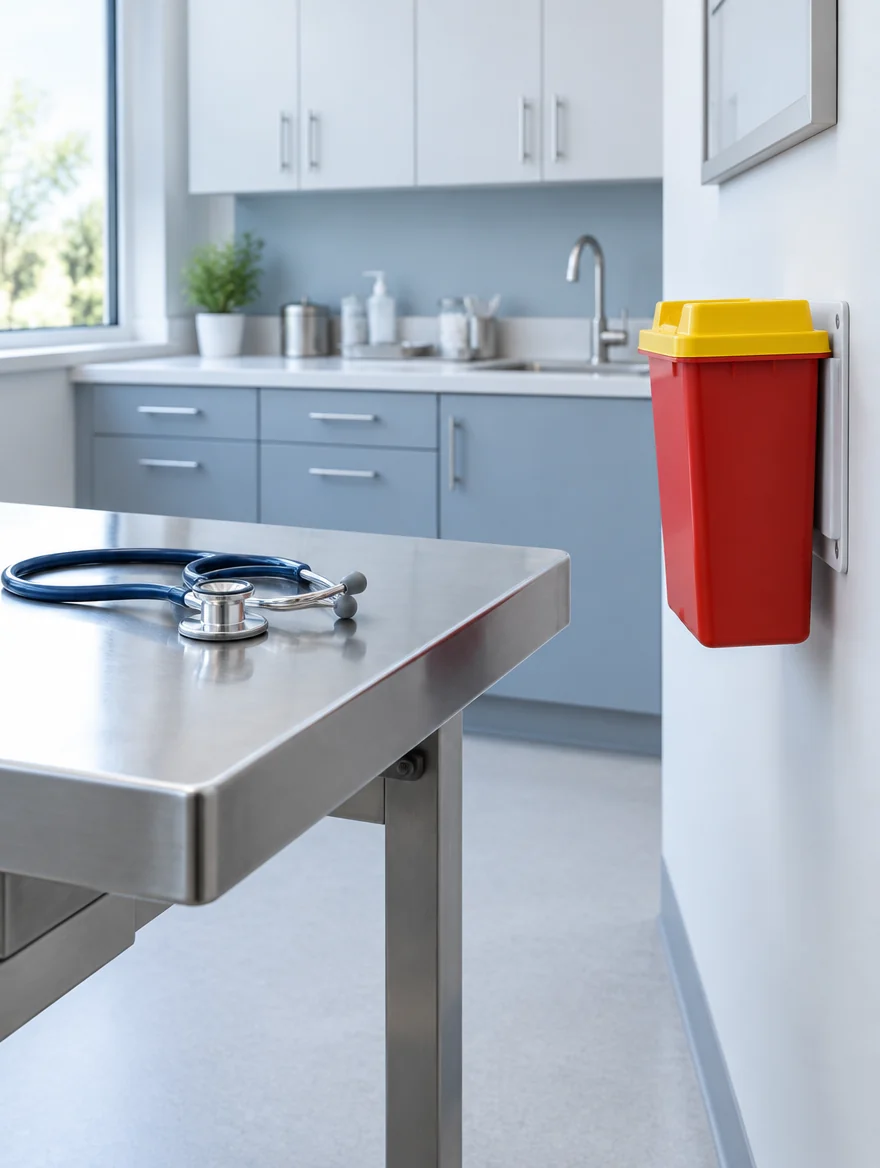 A wall-mounted red sharps container beside a stainless steel examination table in a veterinary clinic.
