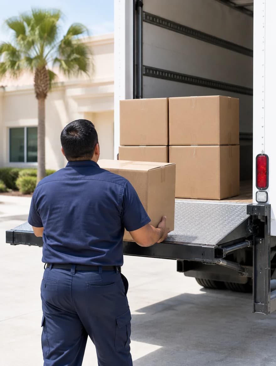 A medical waste technician loading a sealed corrugated box onto the tail lift of a white box truck, with four more boxes already stacked on it.