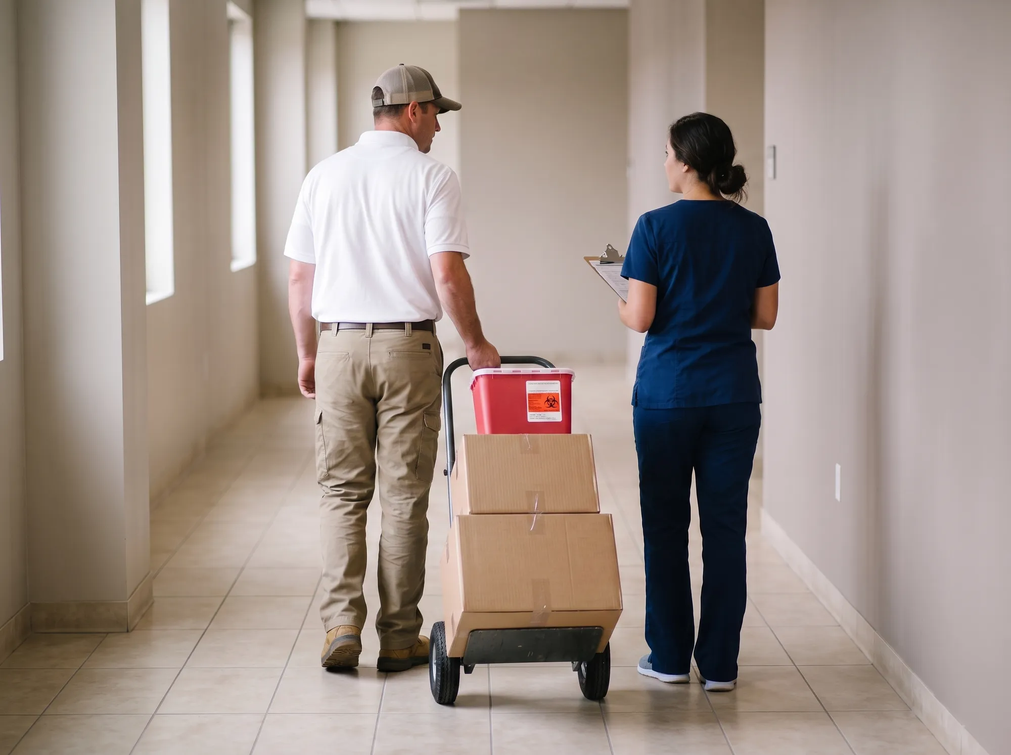 A medical waste technician wheeling sealed boxes and a red sharps container down a clinic corridor alongside a staff member in scrubs carrying the paperwork.