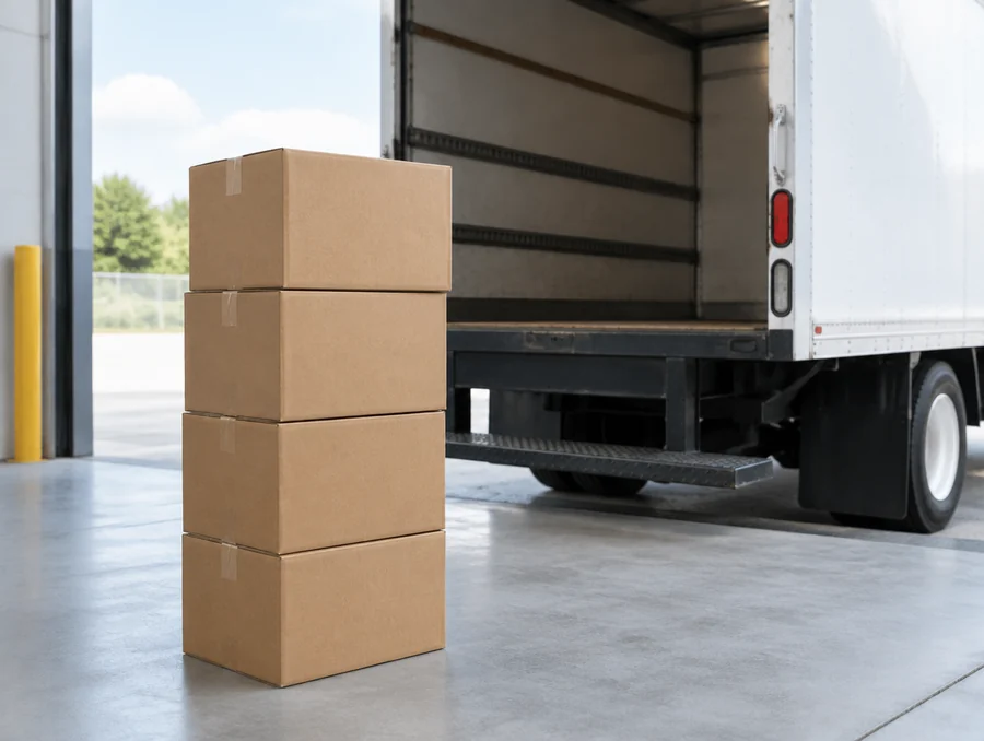 A stack of four sealed corrugated boxes on a loading dock beside the open back of a white box truck.