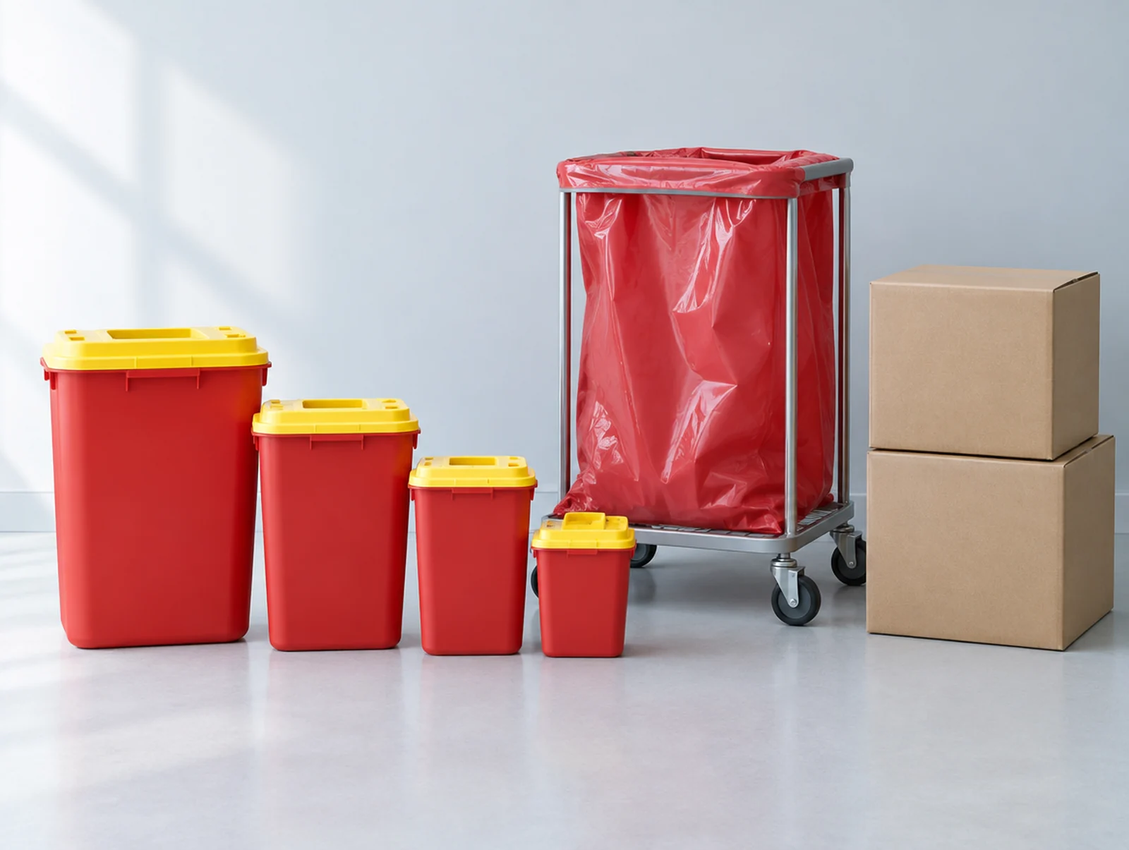 Four red sharps containers in graduated sizes, a red biohazard bag on a wheeled cart, and two sealed corrugated boxes, arranged together against a pale wall.