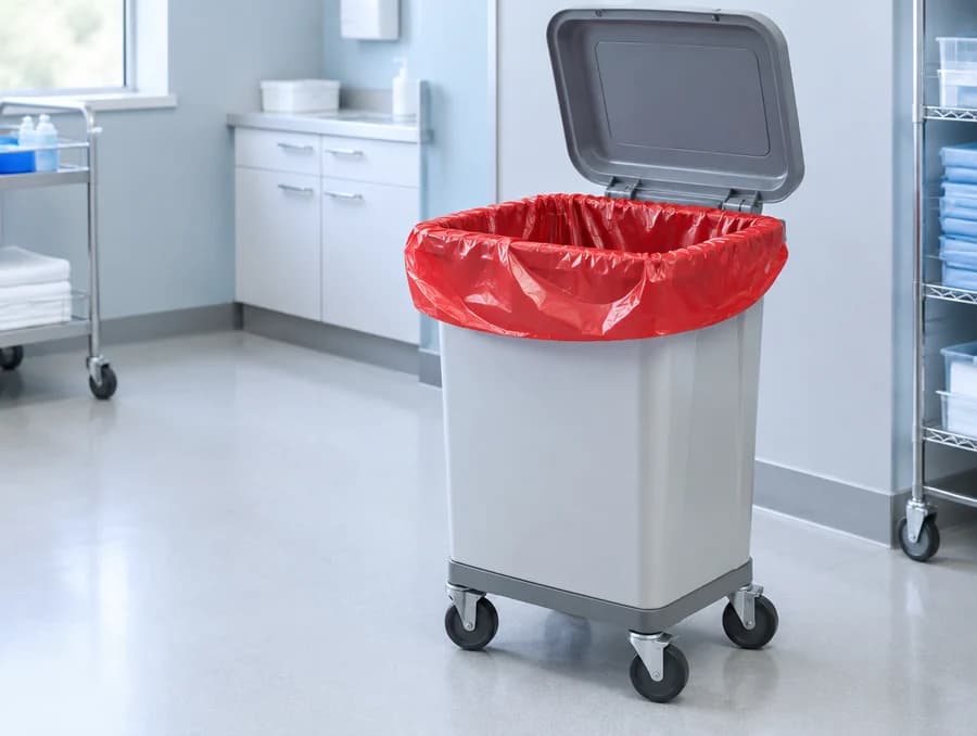 A wheeled clinical waste cart with its lid open and a red biohazard bag lining the rim, in a hospital utility room.