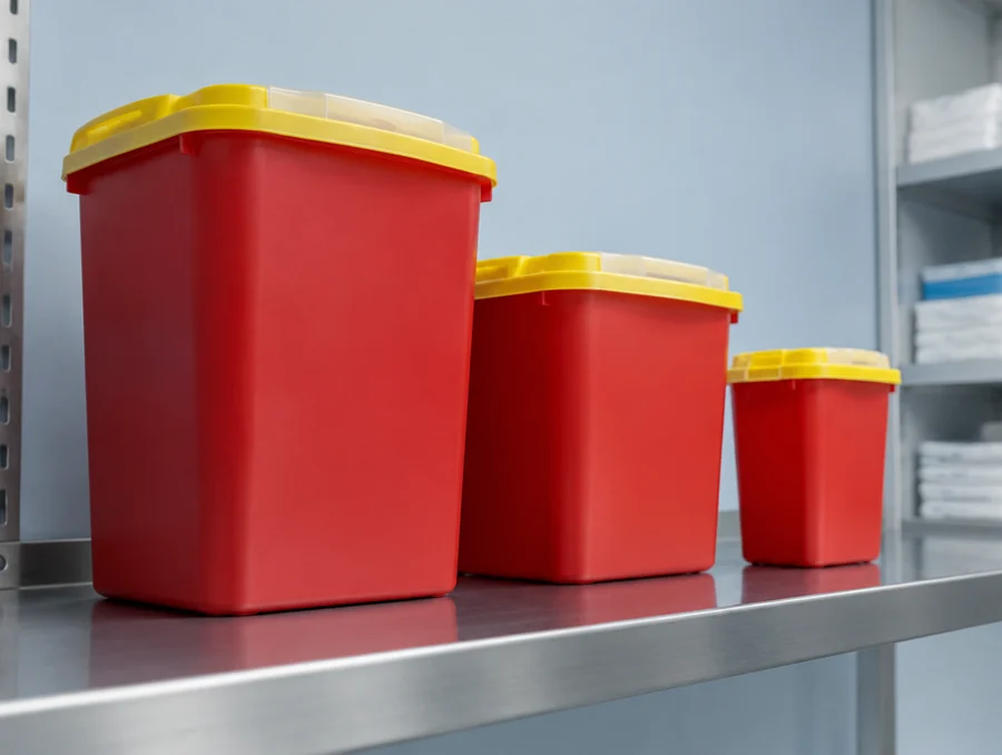 Three red rigid sharps containers in graduated sizes standing on a stainless steel shelf in a clinical supply room.