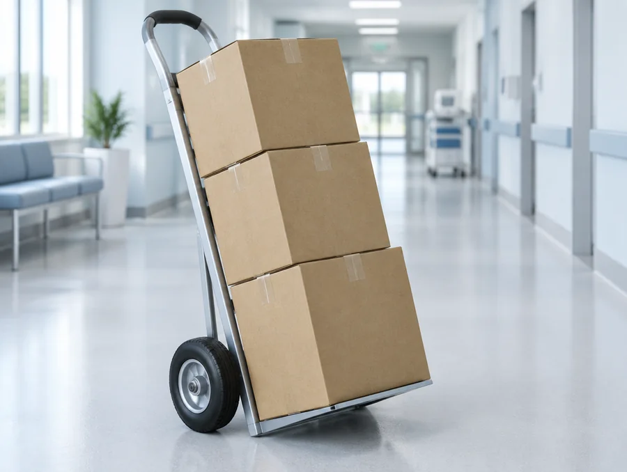 Three sealed corrugated boxes stacked on a hand truck in a hospital corridor.