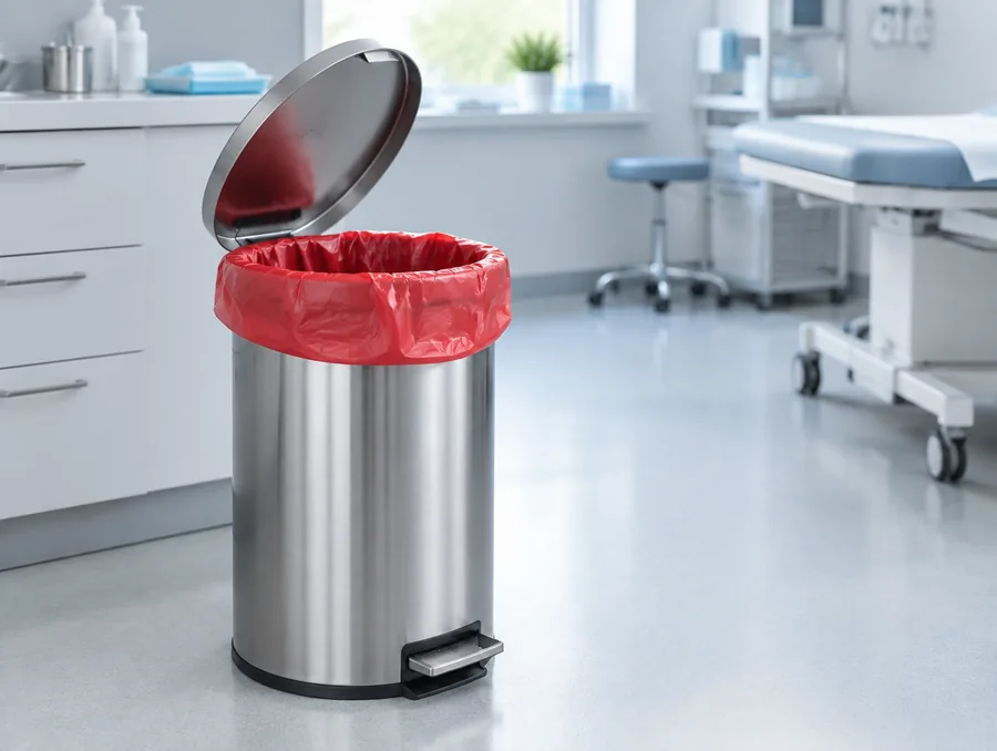 A red biohazard bag lining an open stainless steel step bin in a patient room.